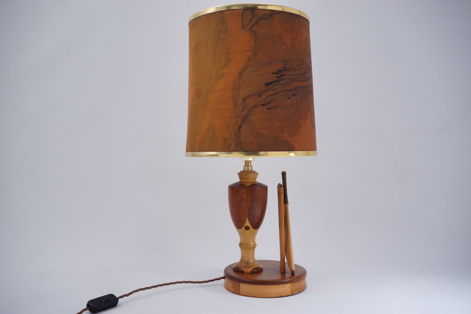 Marquetry wood inlaid table lamp, sport cricket theme, 1950`s ca, English, Rewired