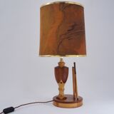 Marquetry wood inlaid table lamp, sport cricket theme, 1950`s ca, English, Rewired
