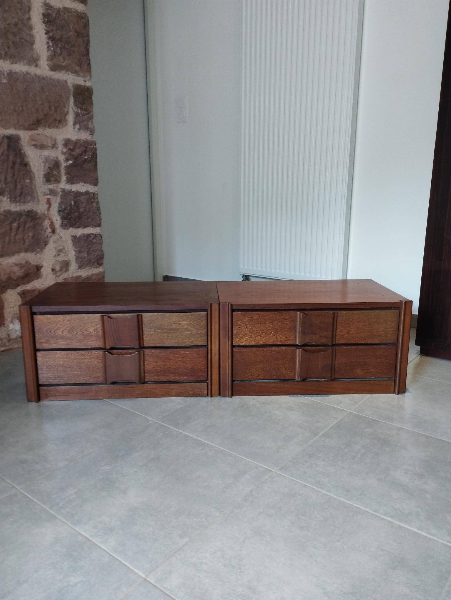 Pair of vintage Scandinavian design modules, bedside table, chest of drawers, sideboard, table.