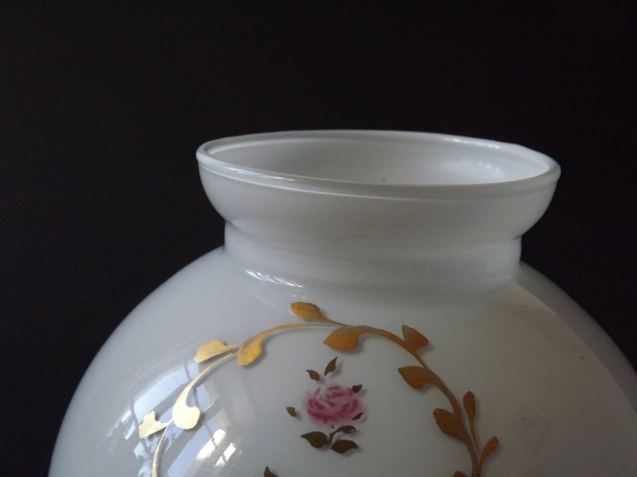 Pair of Vintage White Milk Glass Lamp Shades With Pink Roses & Gold Foliage