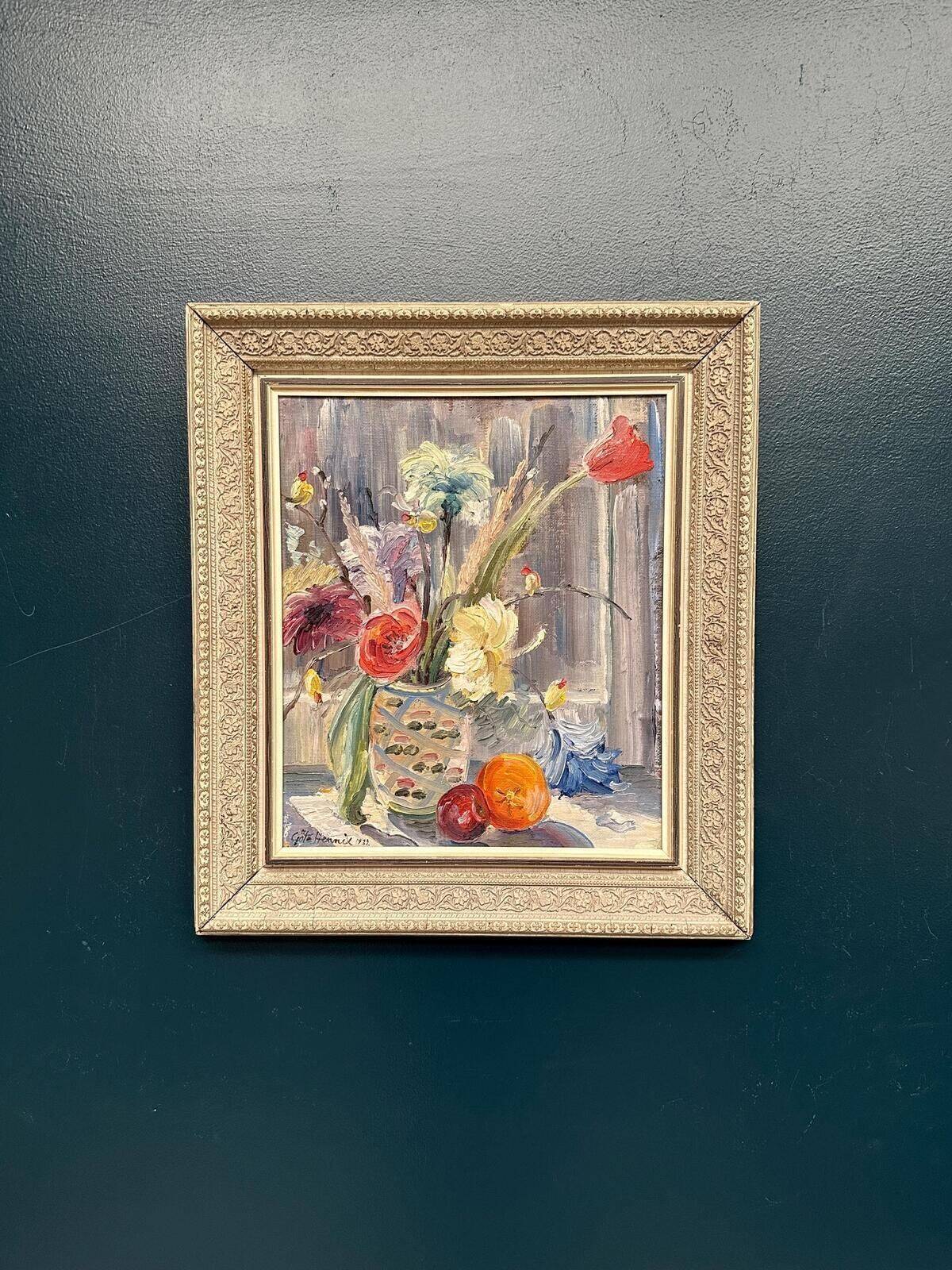 Huile sur panneau d'origine suédoise – « Fleurs » par Göte Hennix – Östersund, Jämtland – Vintage et encadrée 47,5 × 53 cm (18,7" × 20,9")