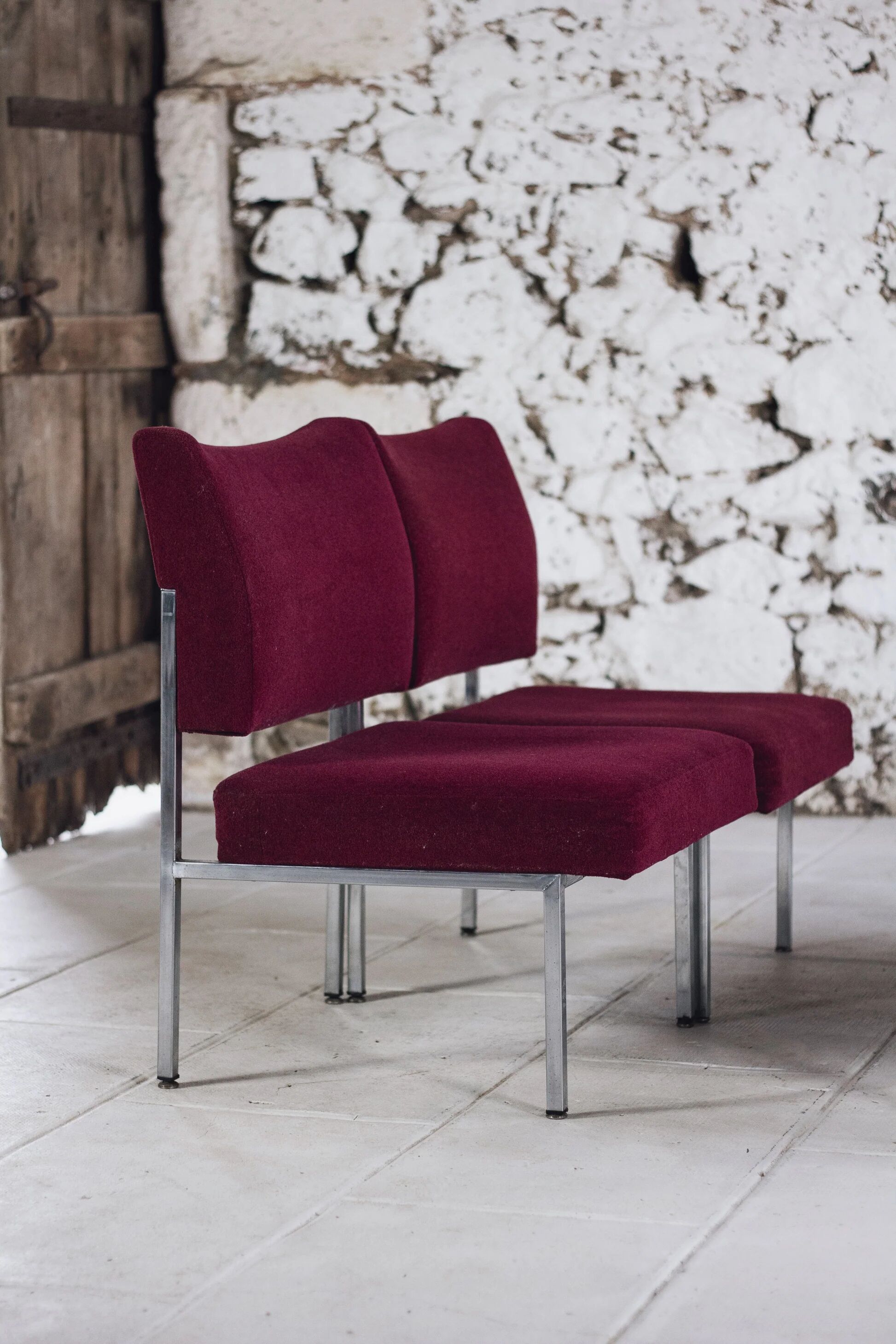 Set of 4 modernist burgundy armchairs, 1970.