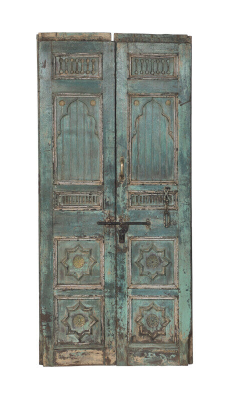 Old indian door green piece and patina of origin 120x20x200cm