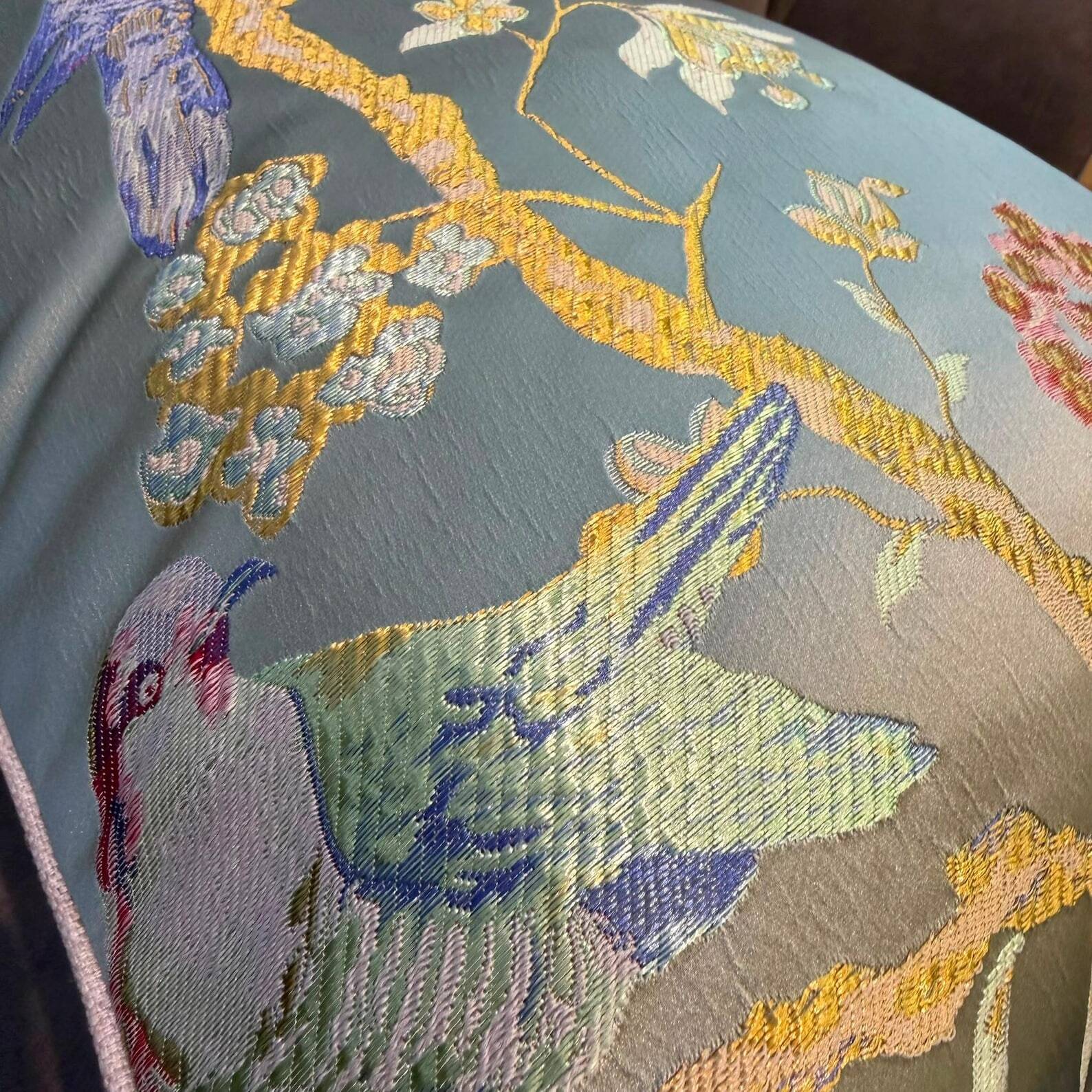 Handmade Satin Chinoiserie Bird Cushion, Cream Piped Botanical Pillow