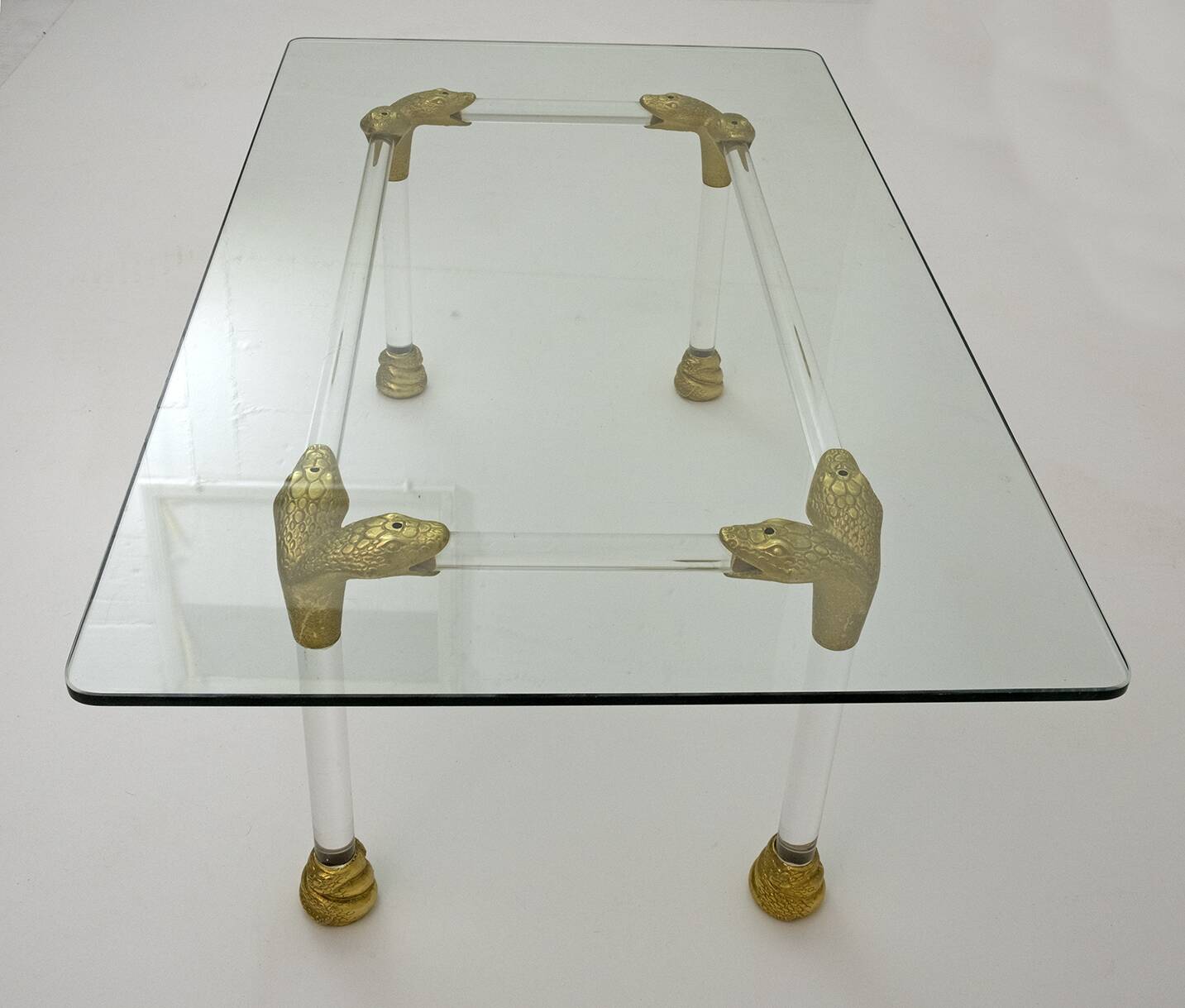 Mid-Century Lucite and Brass Italian Coffee Table with Snake Head Details