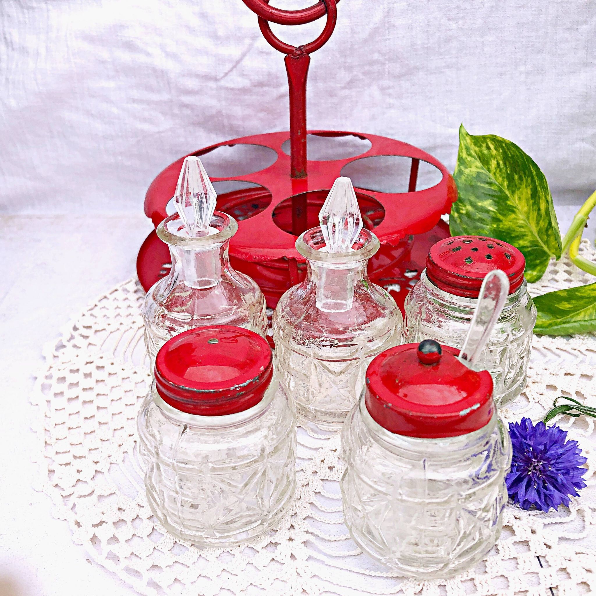 Table condiment server red metal turntable 6 vintage pieces