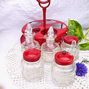 Table condiment server red metal turntable 6 vintage pieces