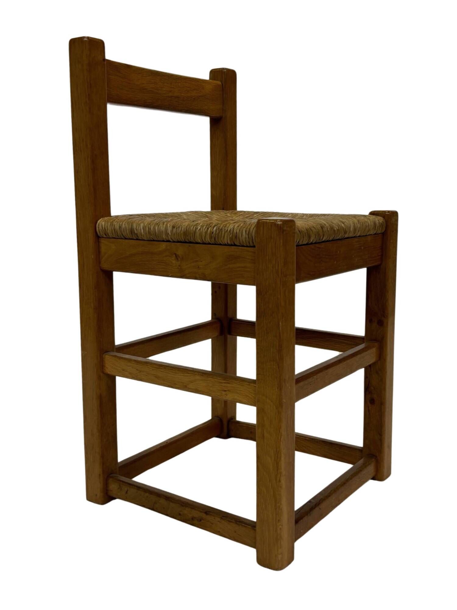 Set of four vintage chairs / stool - brutalist style minimalist oak and wicker 60s