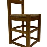 Set of four vintage chairs / stool - brutalist style minimalist oak and wicker 60s