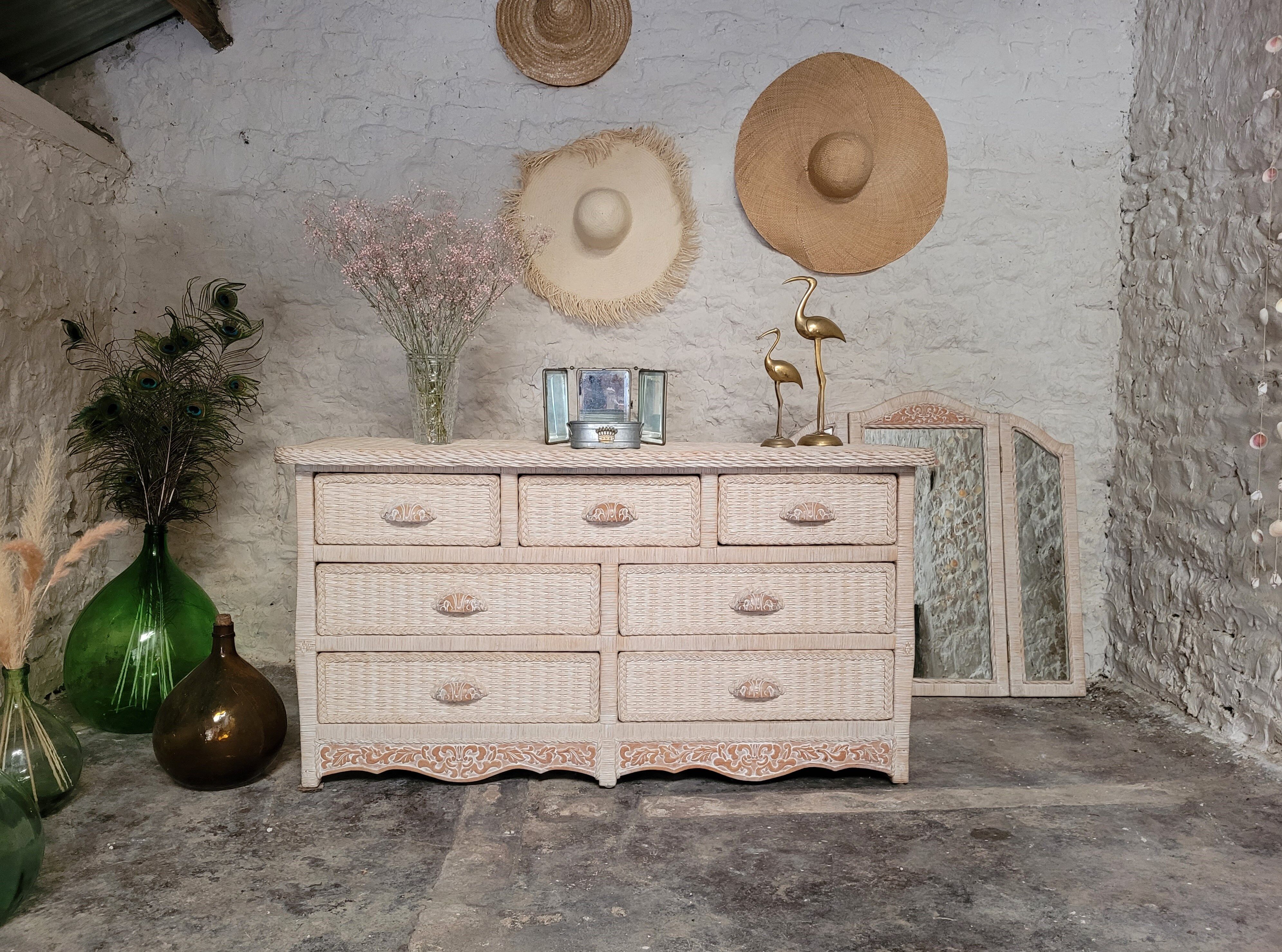 Rattan chest of drawers 80s and its mirror