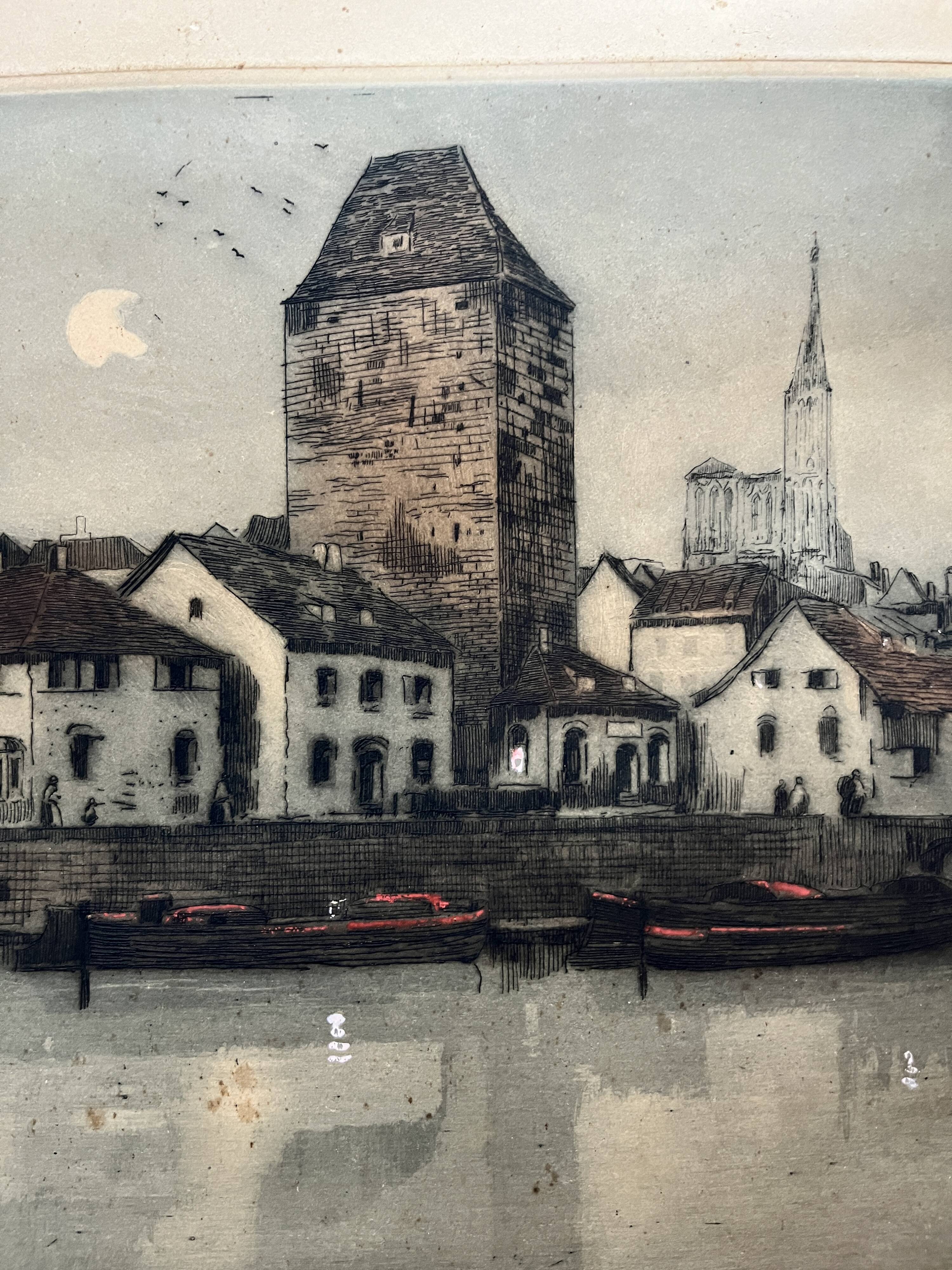 Old engraving The Two Towers signed Dauphin early 20th century