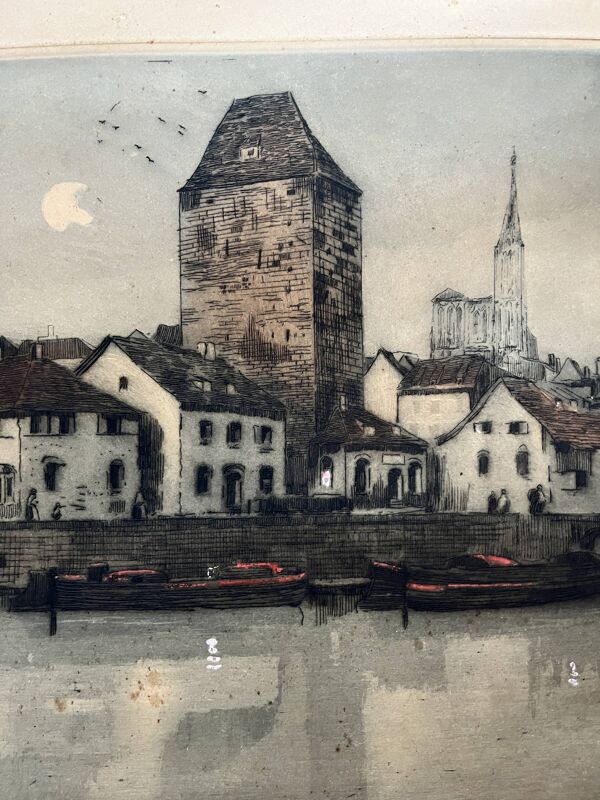 Ancienne gravure Les Deux tours signée Dauphin début XXème