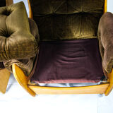 Pair of G-plan saddle back teak armchairs & footstool