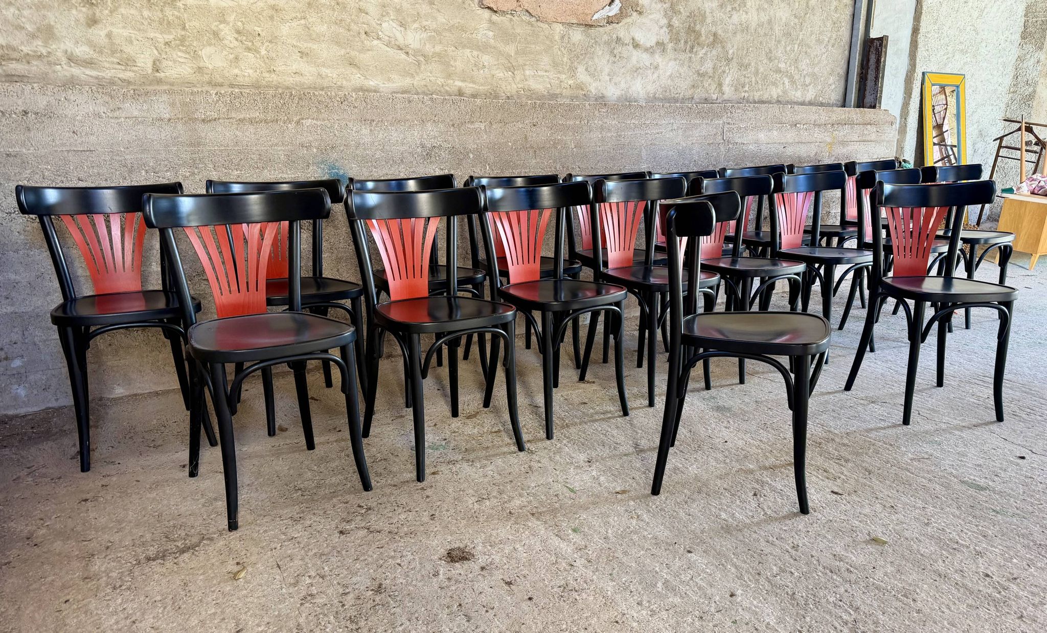 Set of 27 black and red bistro chairs – All wood