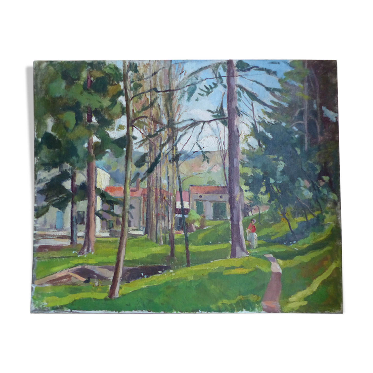Oil on canvas, houses in the park