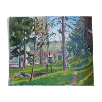 Oil on canvas, houses in the park