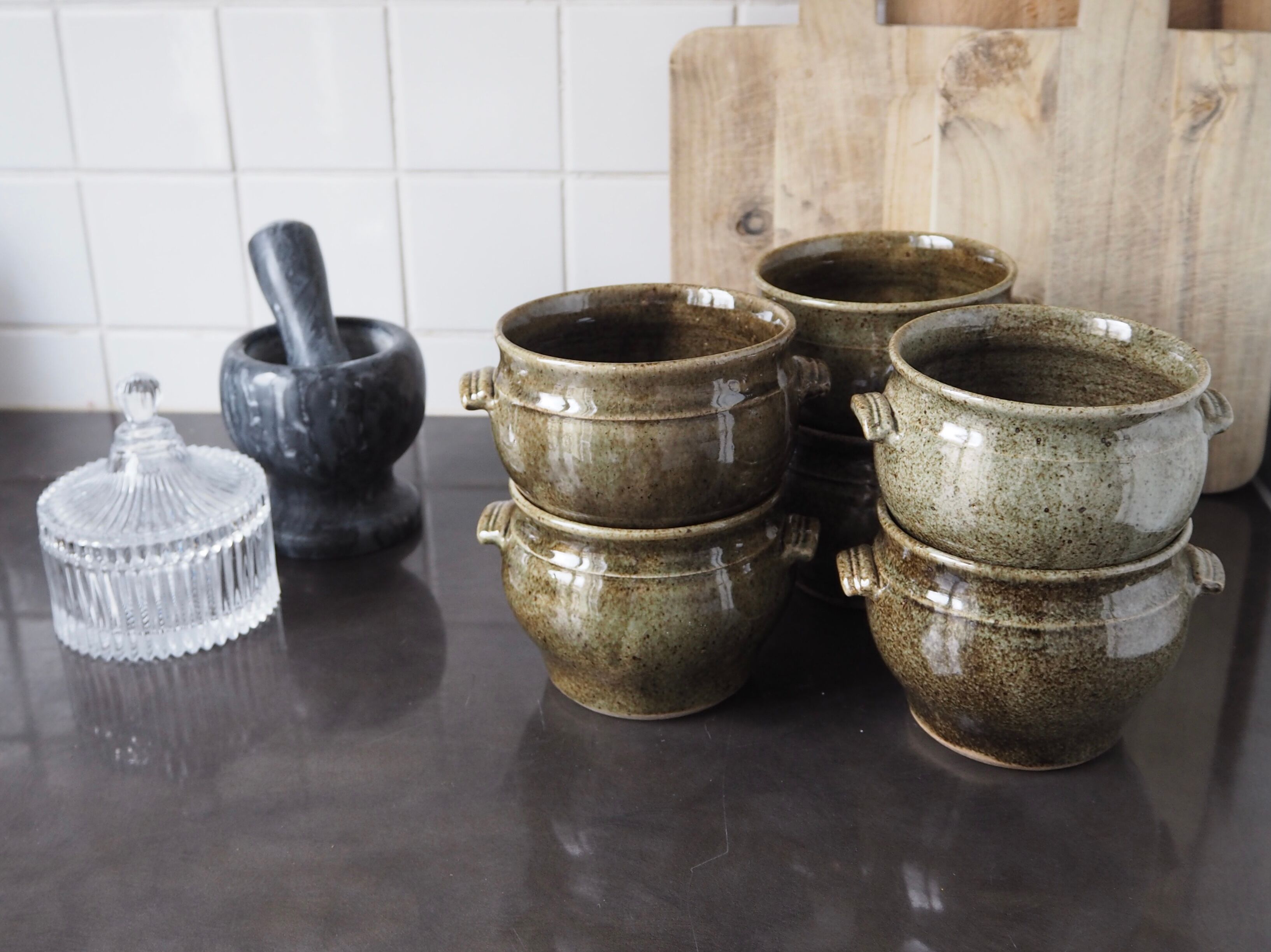 6 green ceramic cassolettes