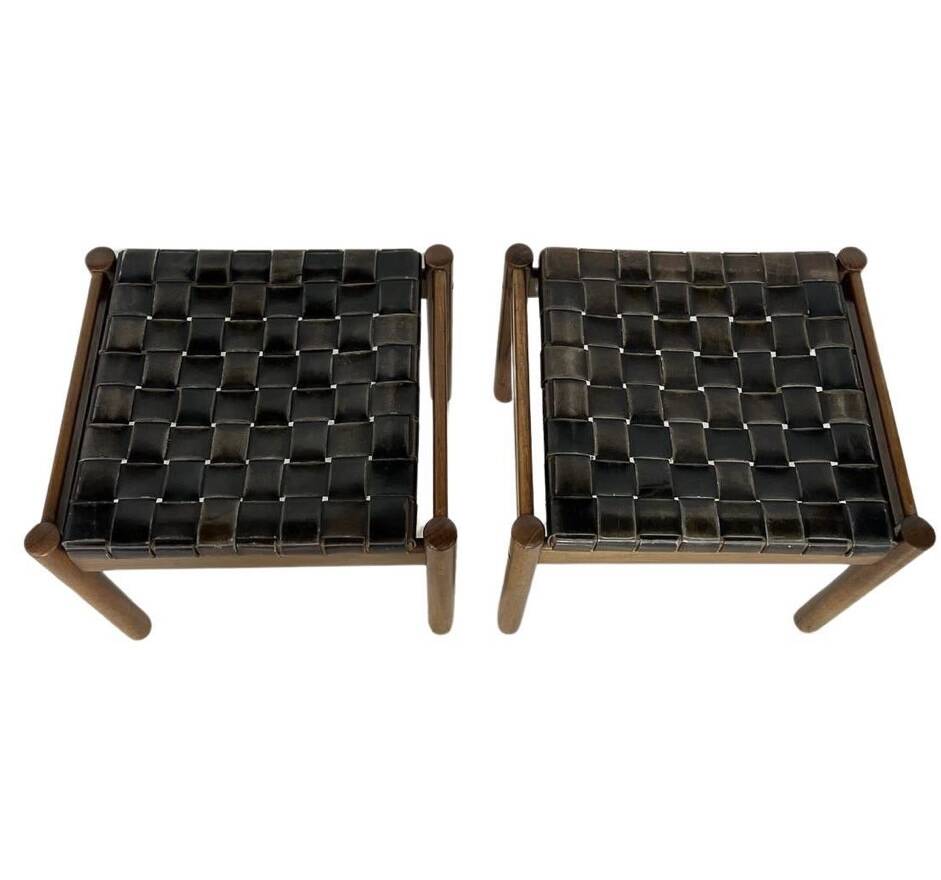 Pair of stools, leather and wood, 1960'