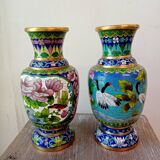 Pair of Asian vases floral motifs and partitioned bronze birds