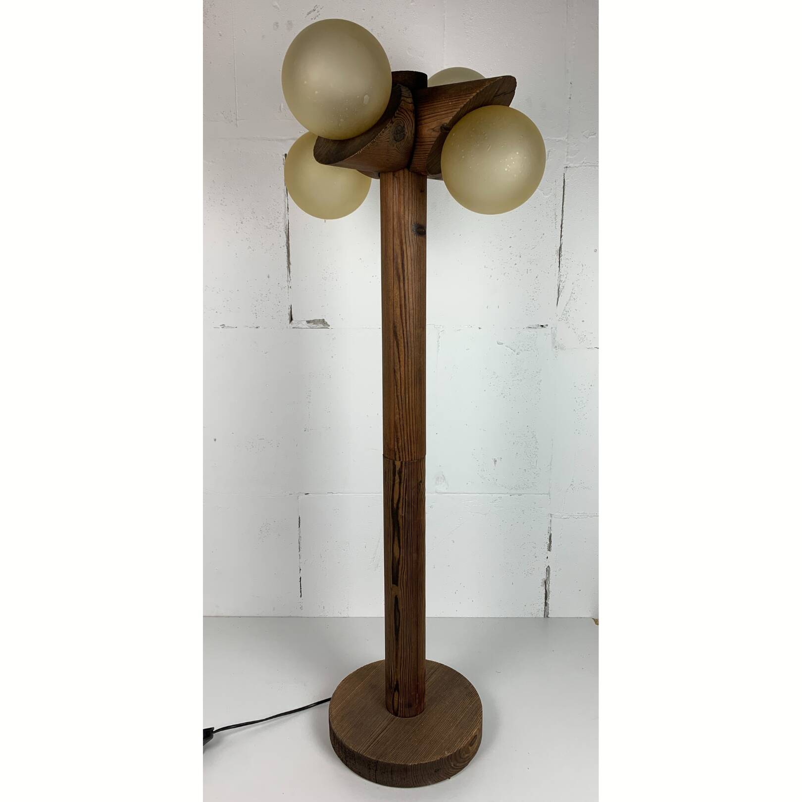 Midcentury brutalist oak floor lamp with 4 spheres, 1970s  by Temde Leuchten