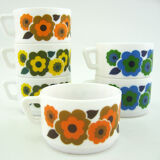 6 cups lotus arcopal france - orange, blue and yellow pop flower patterns - vintage 70s