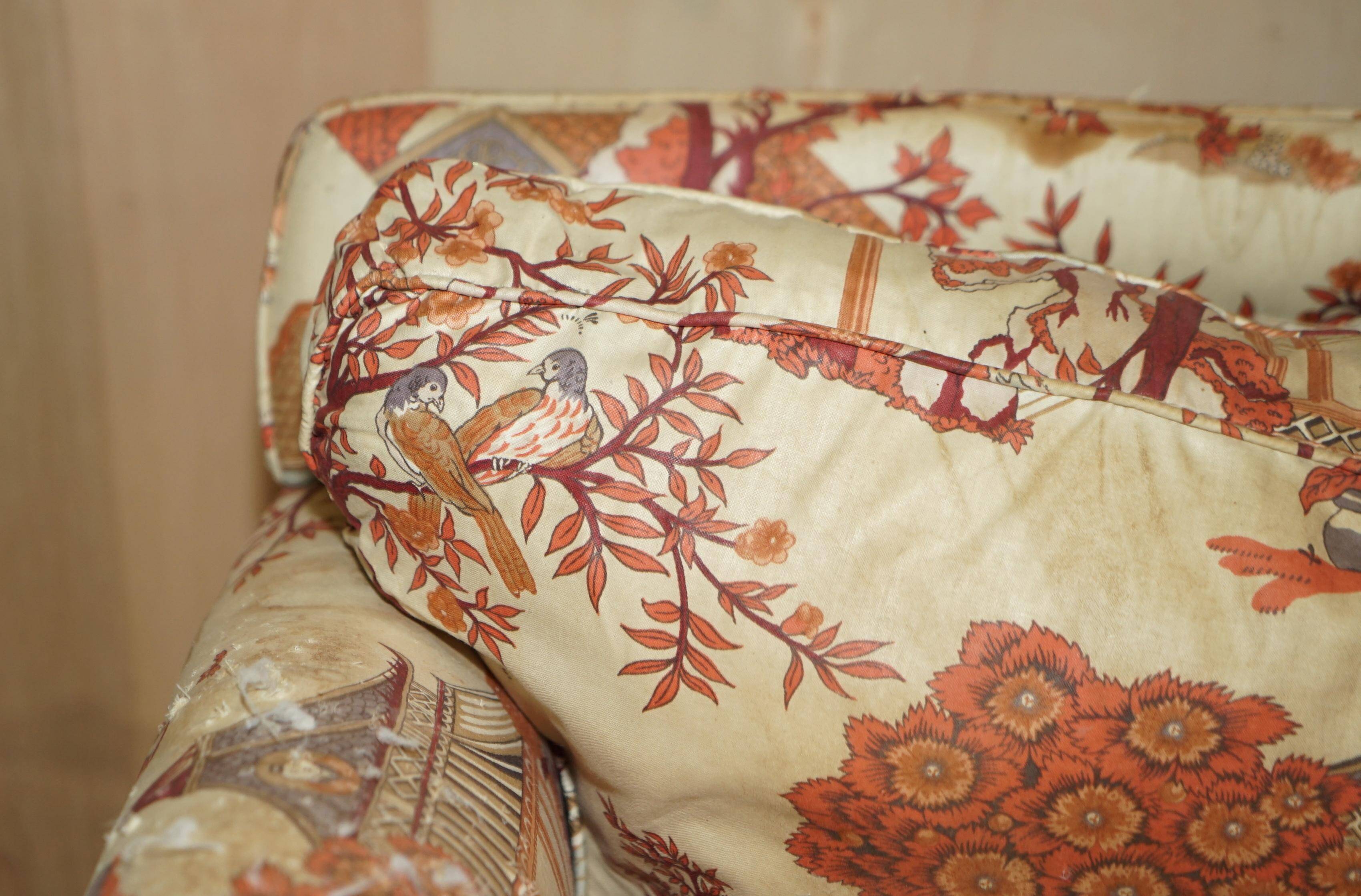 Antique Howard & Sons canapé, Aesthetic Movement, claw and ball feet, chinoiserie fabric.