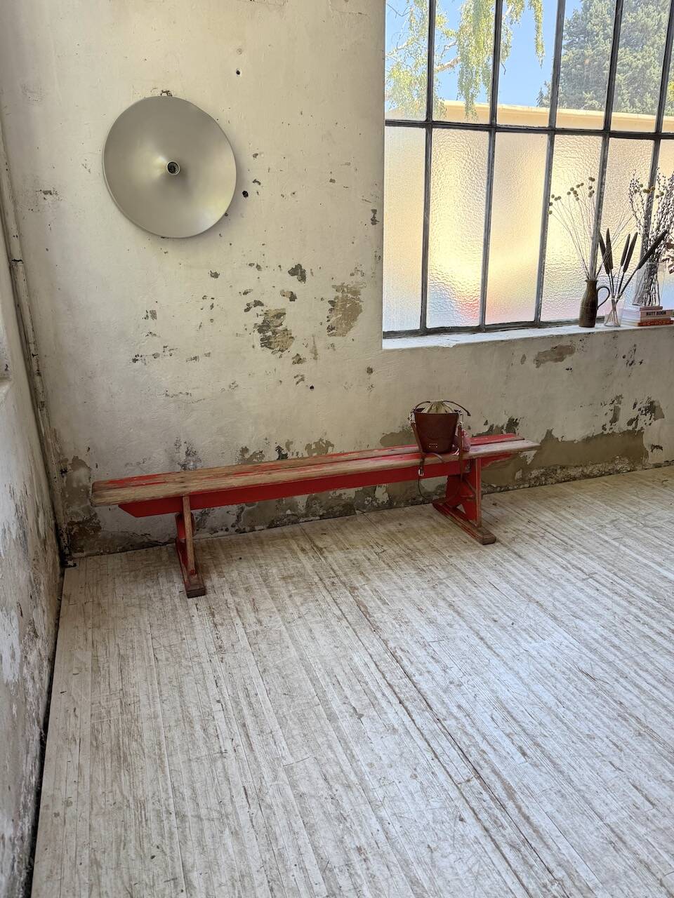 1950s oak bench with red patina, 2m