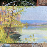 Huile sur toile, barque, lac, post impressionnisme