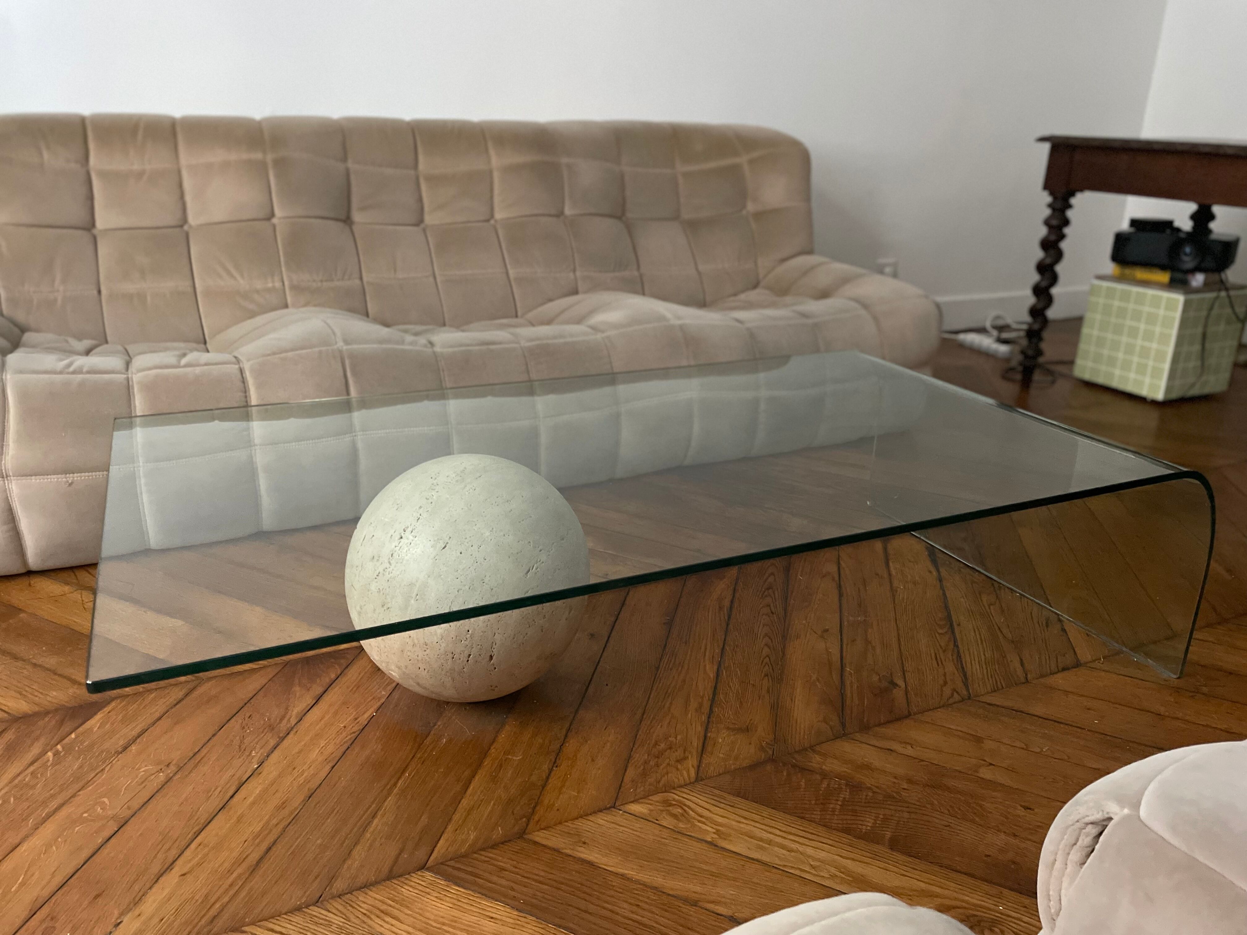 Vintage coffee table Italian design curved glass and travertine