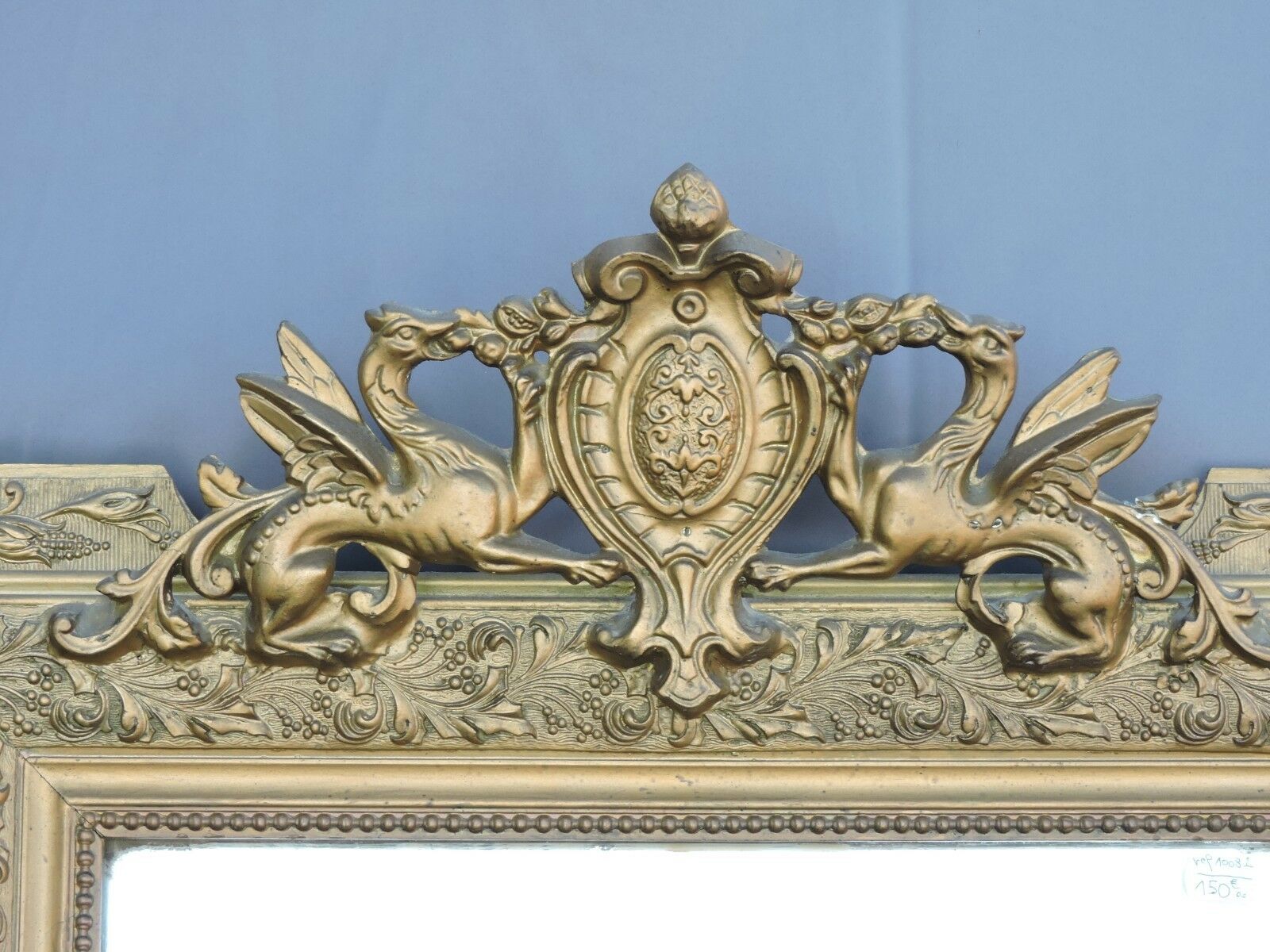 Glass or golden mirror of old fireplace 67x100cm pediment with chimeras