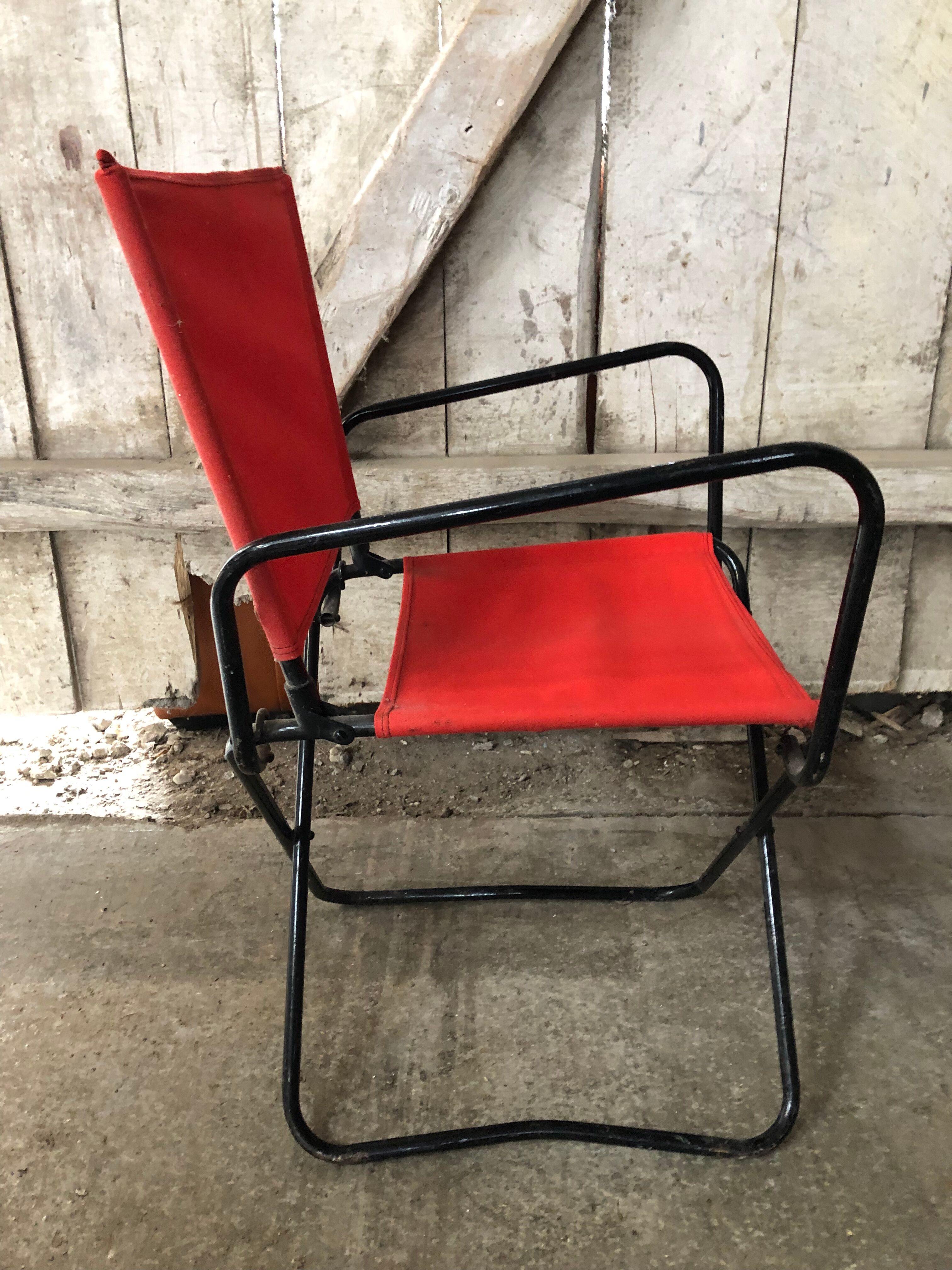 Old Folding Armchair Tube Metal Black + Red Fabric 70s Vintage