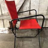 Old Folding Armchair Tube Metal Black + Red Fabric 70s Vintage
