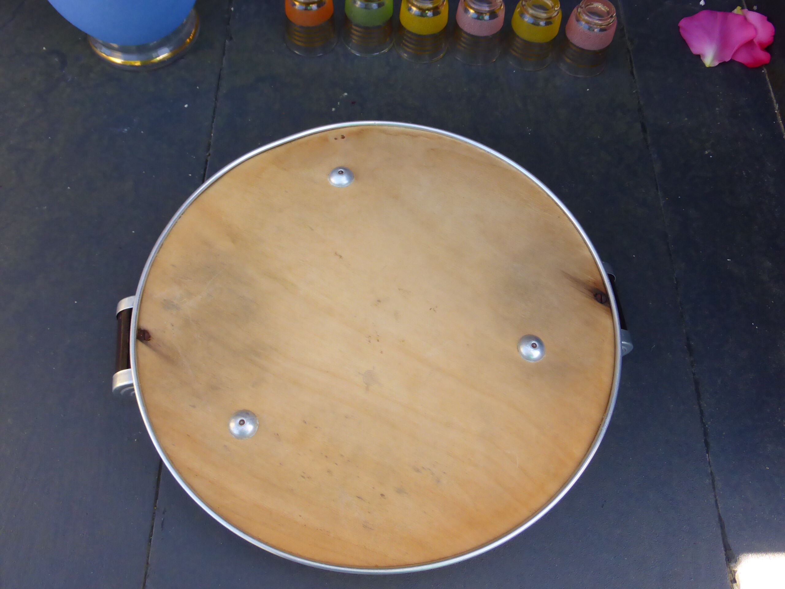 Tray, mirror round art deco, two wooden handles, surrounded by metal, back wood