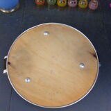 Tray, mirror round art deco, two wooden handles, surrounded by metal, back wood