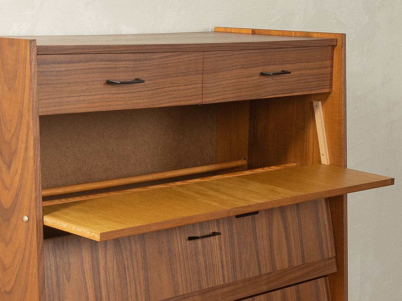 Classic shoe cabinet from the 1960s, walnut veneer, four drop-down doors, two drawers