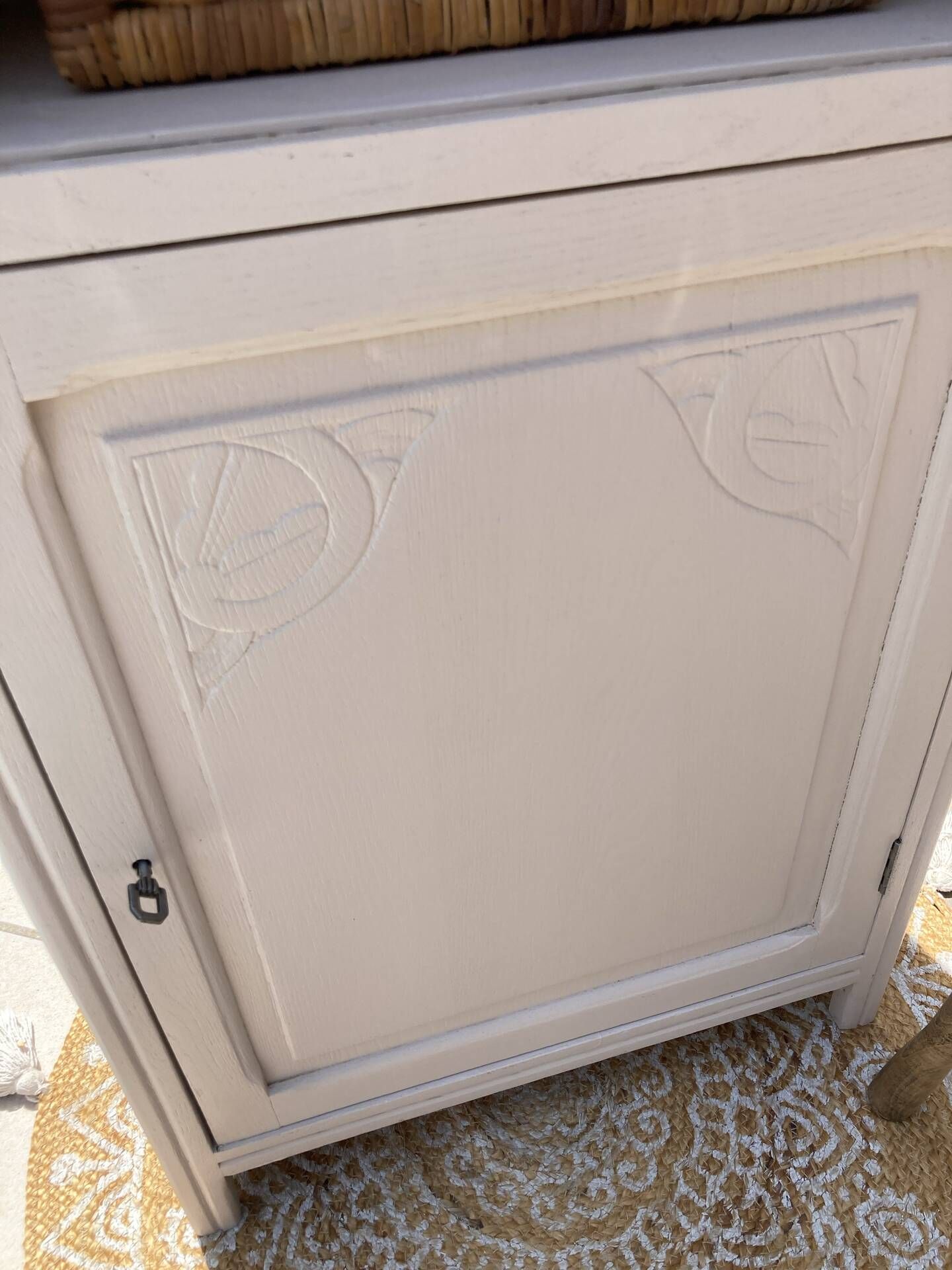 Beautiful art deco jam cupboard in delicate beige tone / and wicker basket