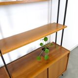 Modulair Omnia wandsysteem, Hilker, teak en zwart staal met legplanken