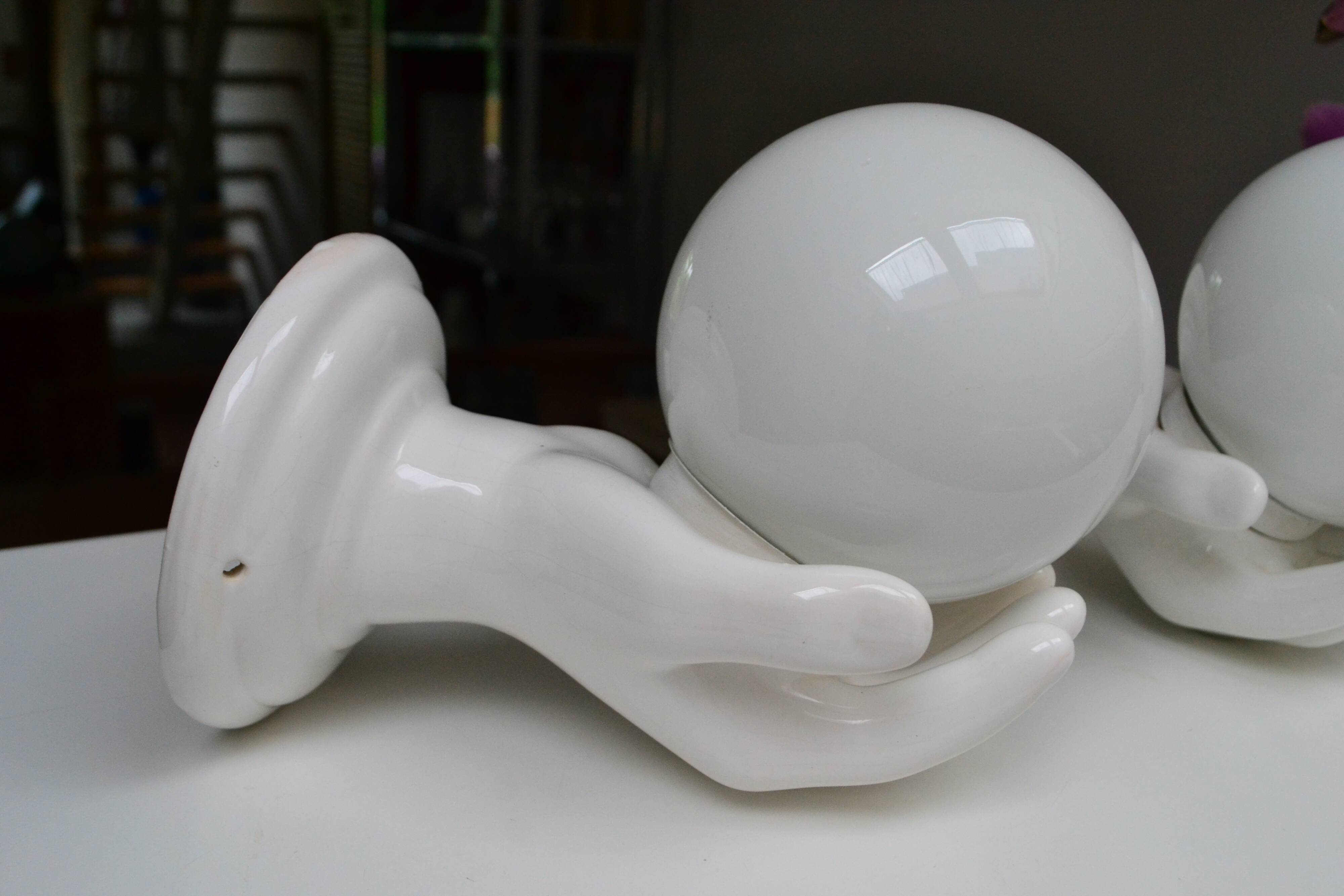 Pair of white ceramic wall lights from the 1970s.