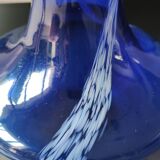 Long flared neck ball vase. Smoked scrolls in cobalt blue art glass, 30cm