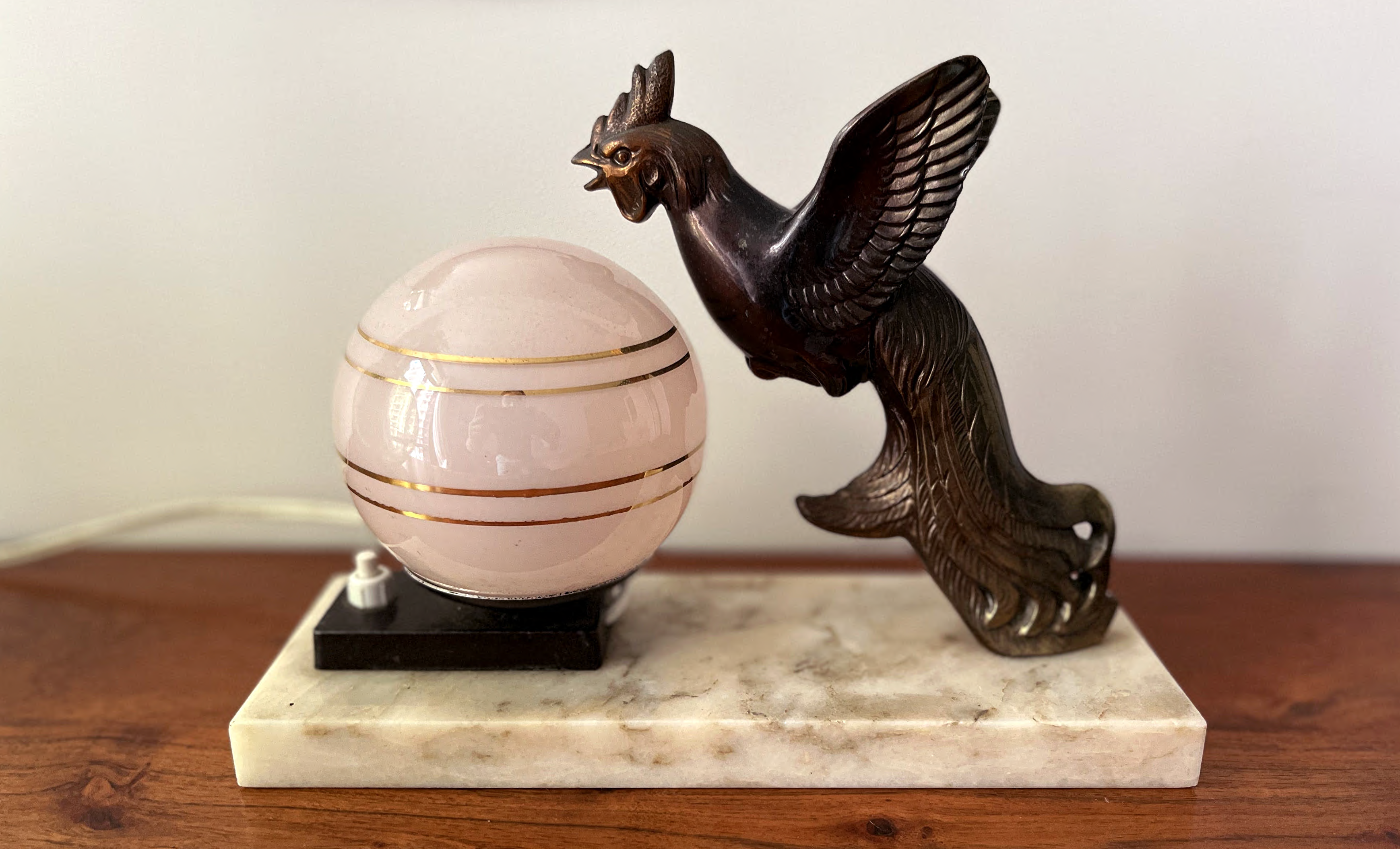 Art Deco lamp marble bird and pink opaline 1930s/40s