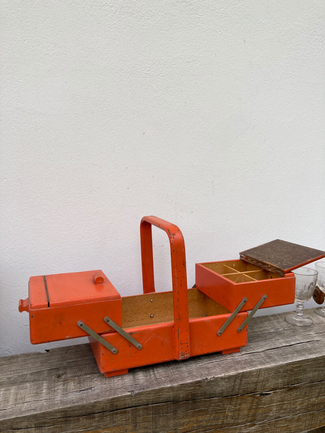 Orange wooden sewing box 1960 1970