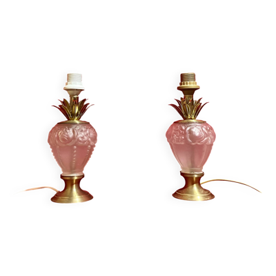 Paire de pieds de lampes en verre et laiton, ''Maison Le Dauphin'' modèle ''Daumes'', années 80