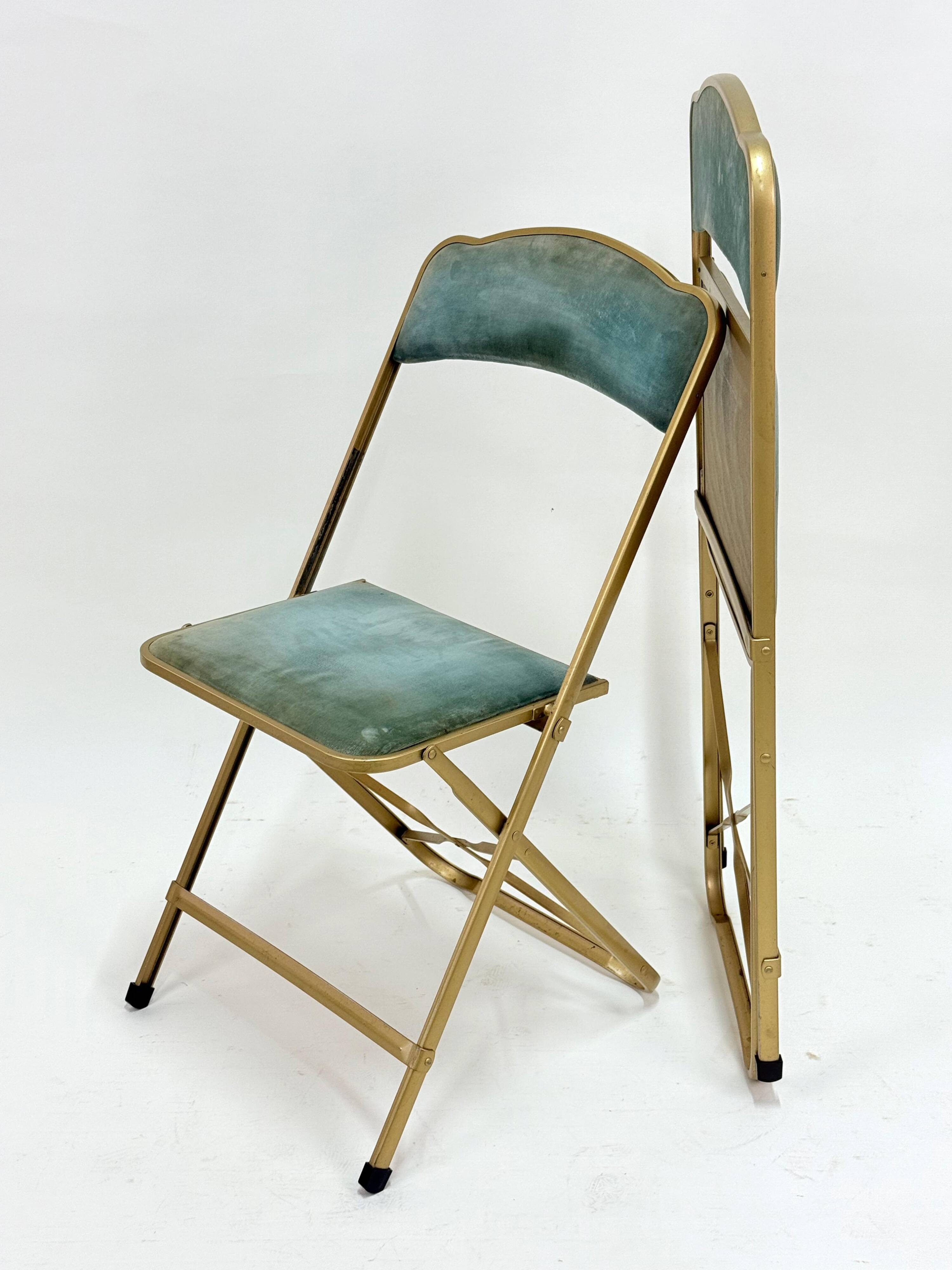 Old pair of chaisor folding chairs - metal & velvet - vintage 60's 70's