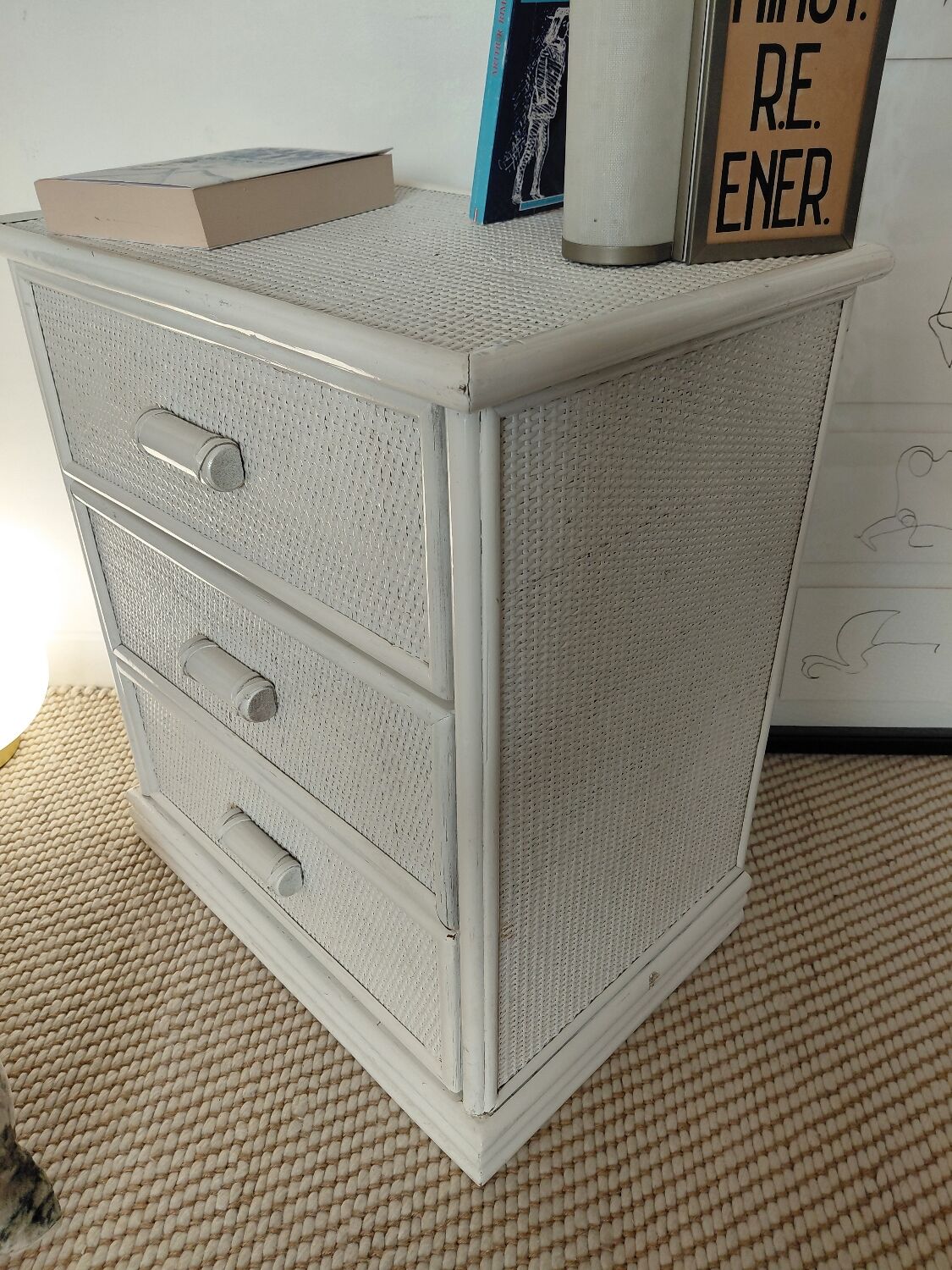 Vintage cane chest of drawers with 3 drawers - white patinated wood - seaside spirit