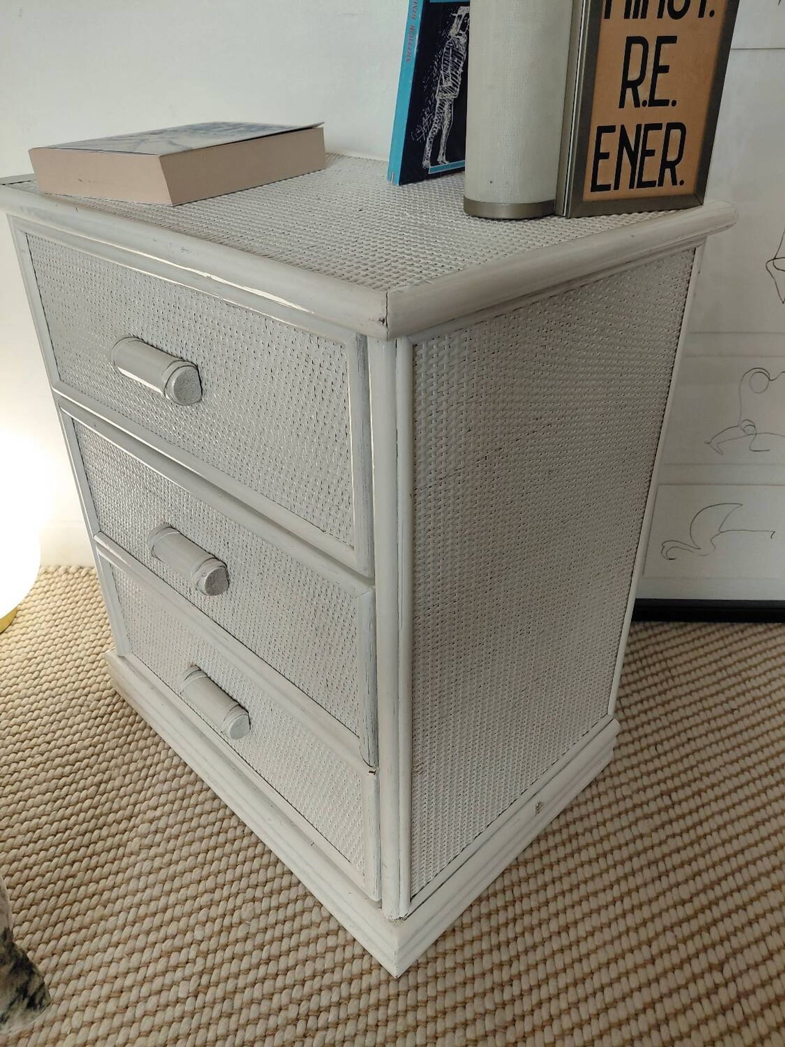 Vintage cane commode with 3 drawers - white patinated wood - seaside spirit