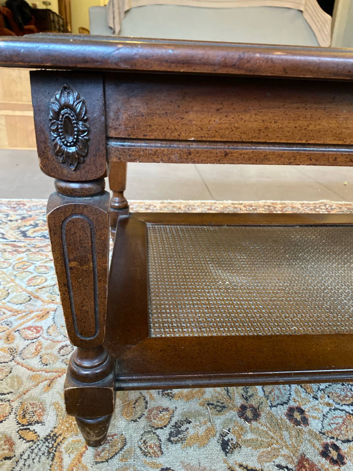 Wood, glass and cane coffee table