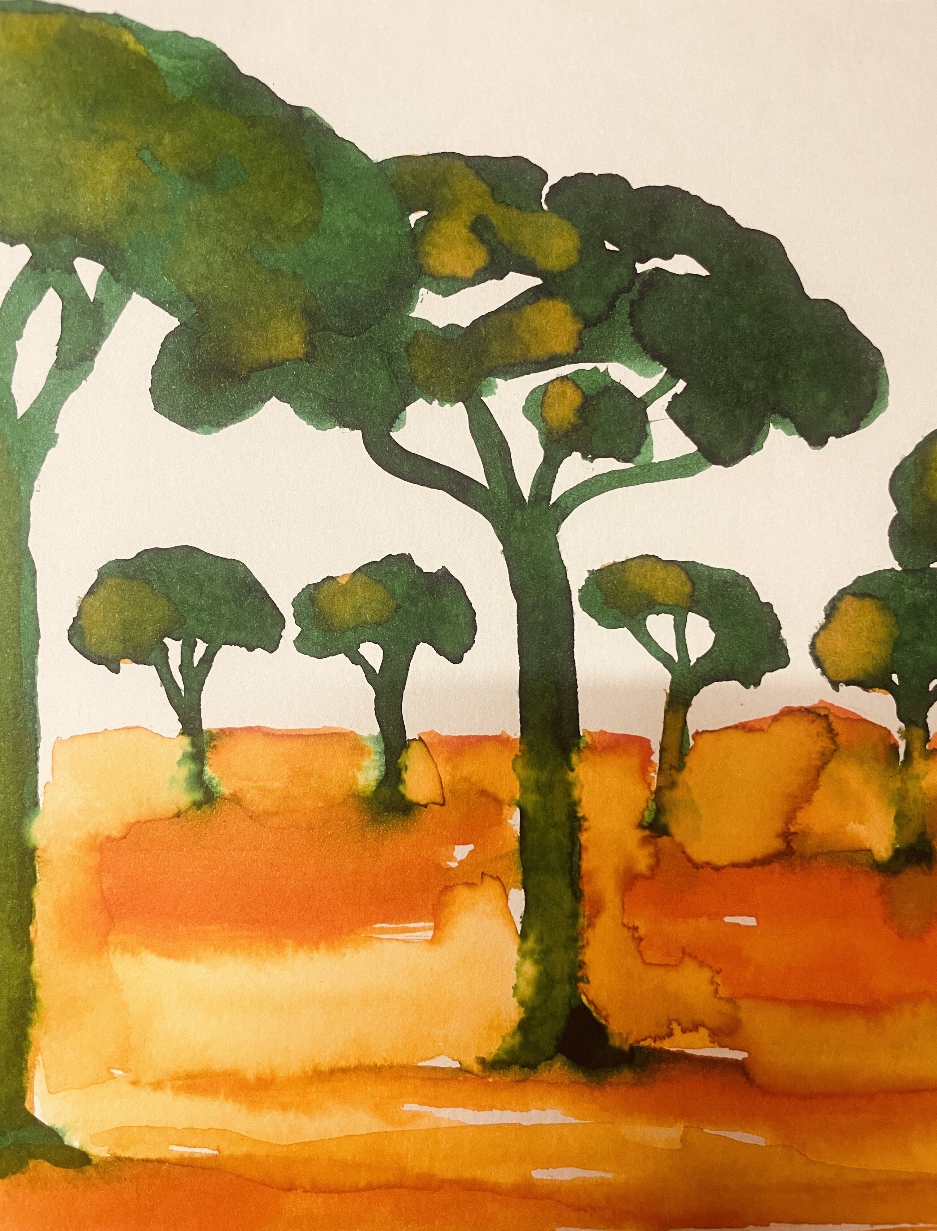 Tableau signé paysage « Lever de soleil provençal dans la pinède »