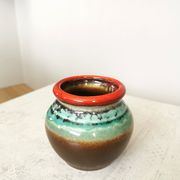 Vintage KIL Yugoslavia Pottery Vase: Brown, Turquoise & Red Rim, 1970s
