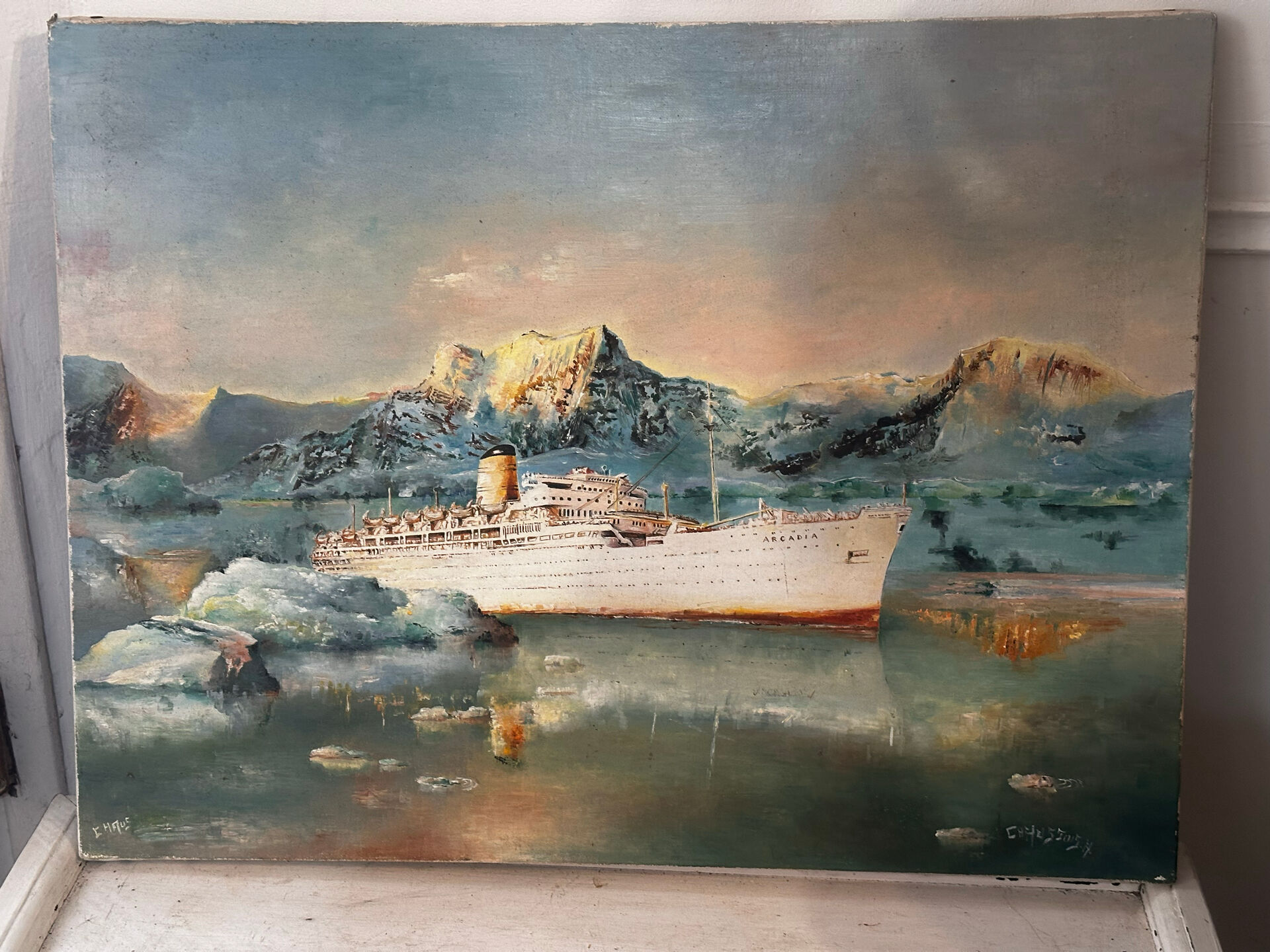 Oil on canvas Alain Chaussois (1950-2018) – Ocean liner Arcadia in the