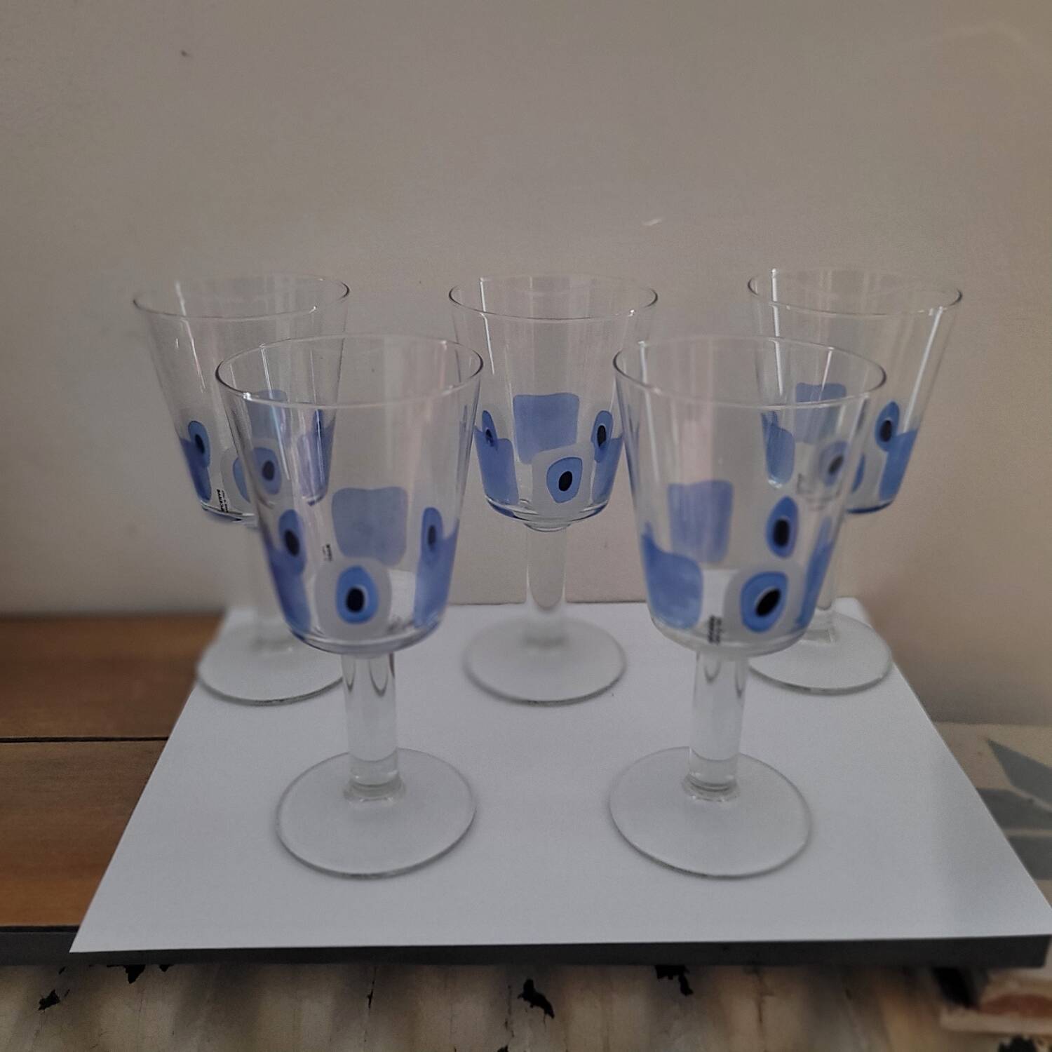 Set of 5 Italian stemmed glasses, Cerve design - lucky eye motif
